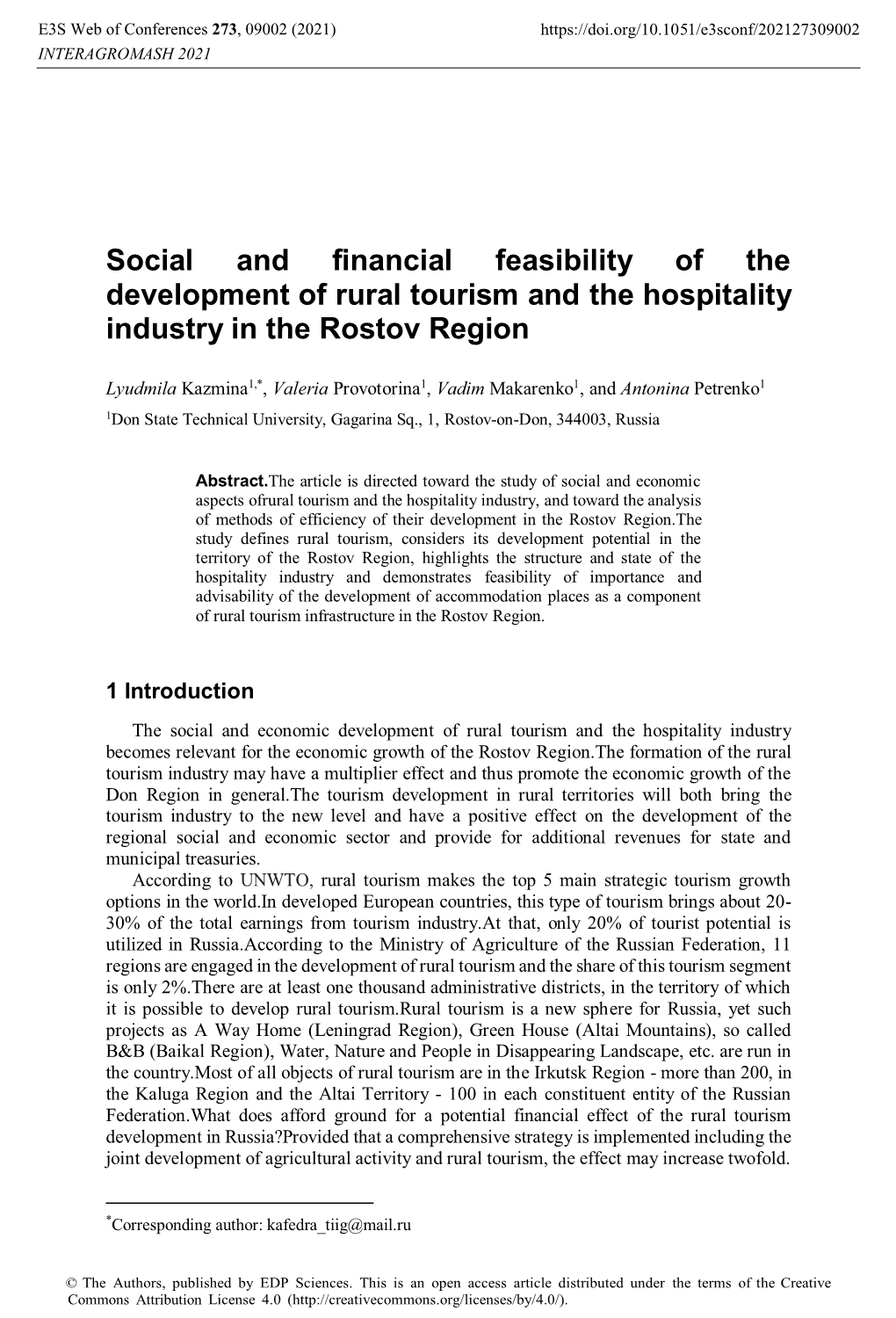 Social and Financial Feasibility of the Development of Rural Tourism and the Hospitality Industry in the Rostov Region