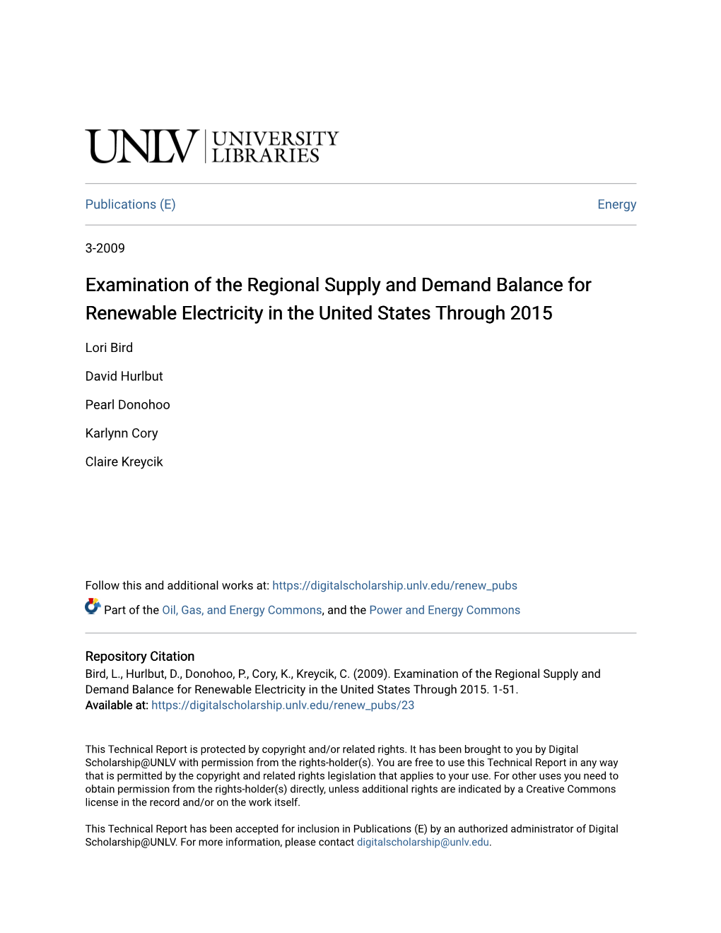 Examination of the Regional Supply and Demand Balance for Renewable Electricity in the United States Through 2015