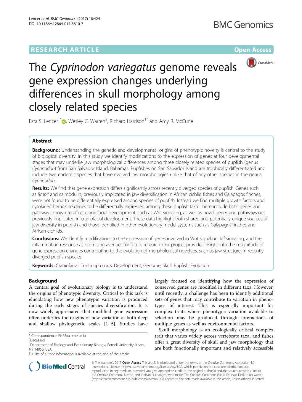 The Cyprinodon Variegatus Genome Reveals Gene Expression Changes Underlying Differences in Skull Morphology Among Closely Related Species Ezra S
