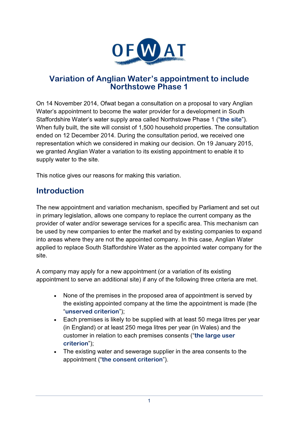 Variation of Anglian Water's Appointment to Include Northstowe Phase 1