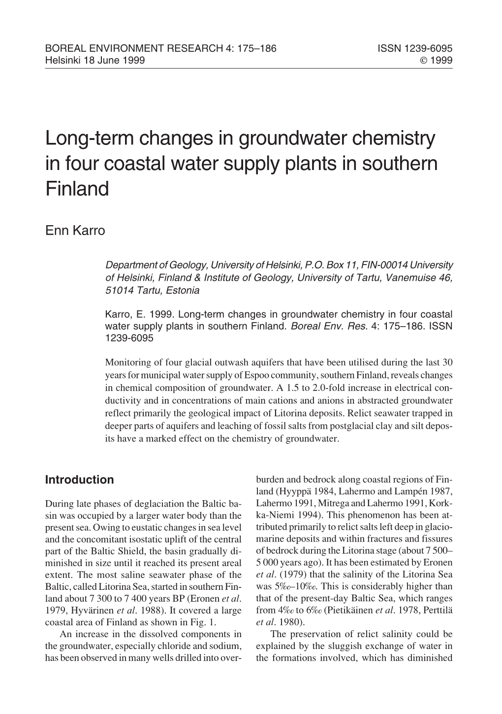 Long-Term Changes in Groundwater Chemistry in Four Coastal Water Supply Plants in Southern Finland