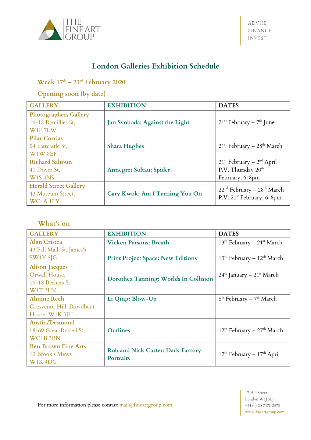 London Galleries Exhibition Schedule