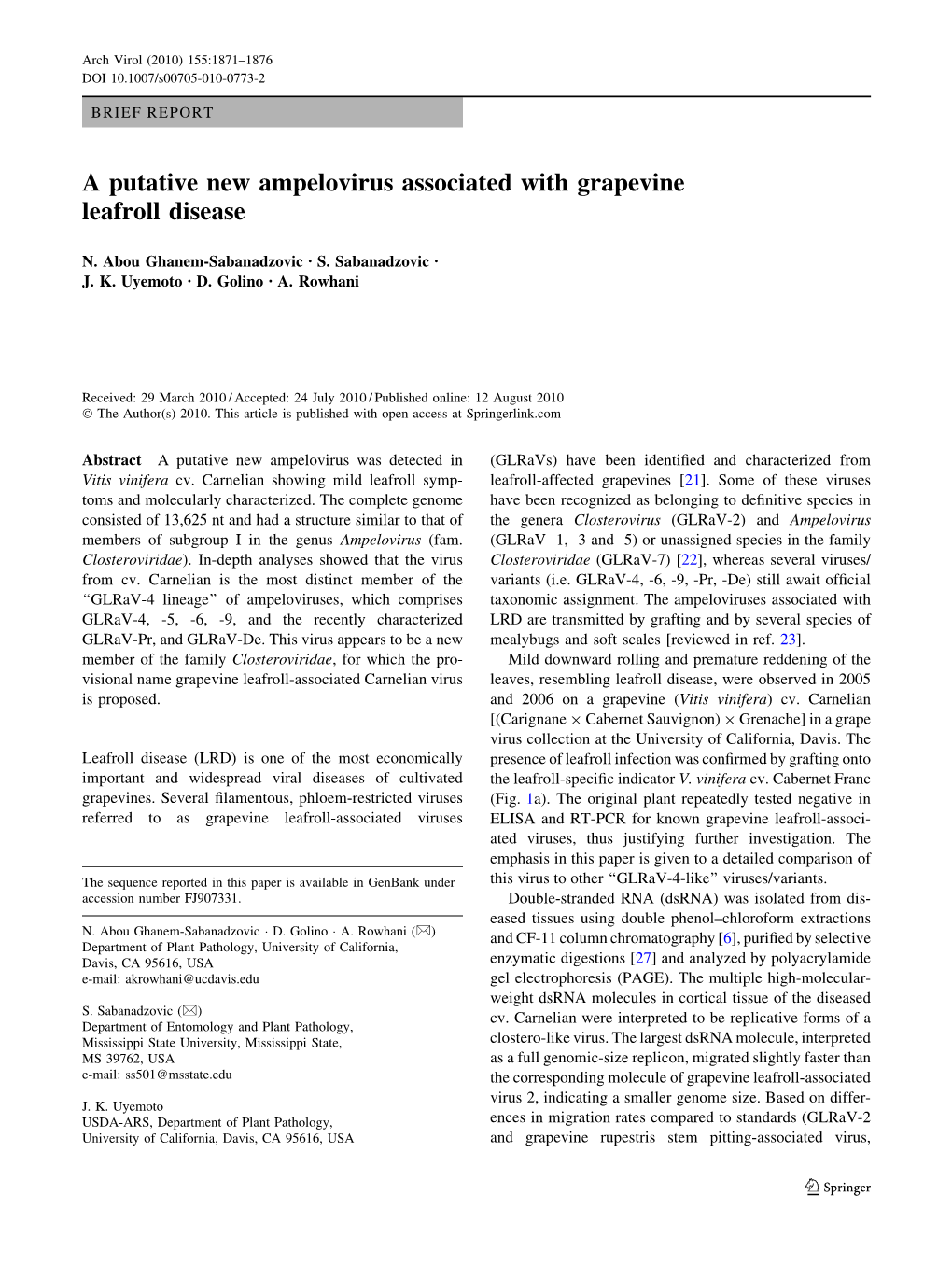 A Putative New Ampelovirus Associated with Grapevine Leafroll Disease