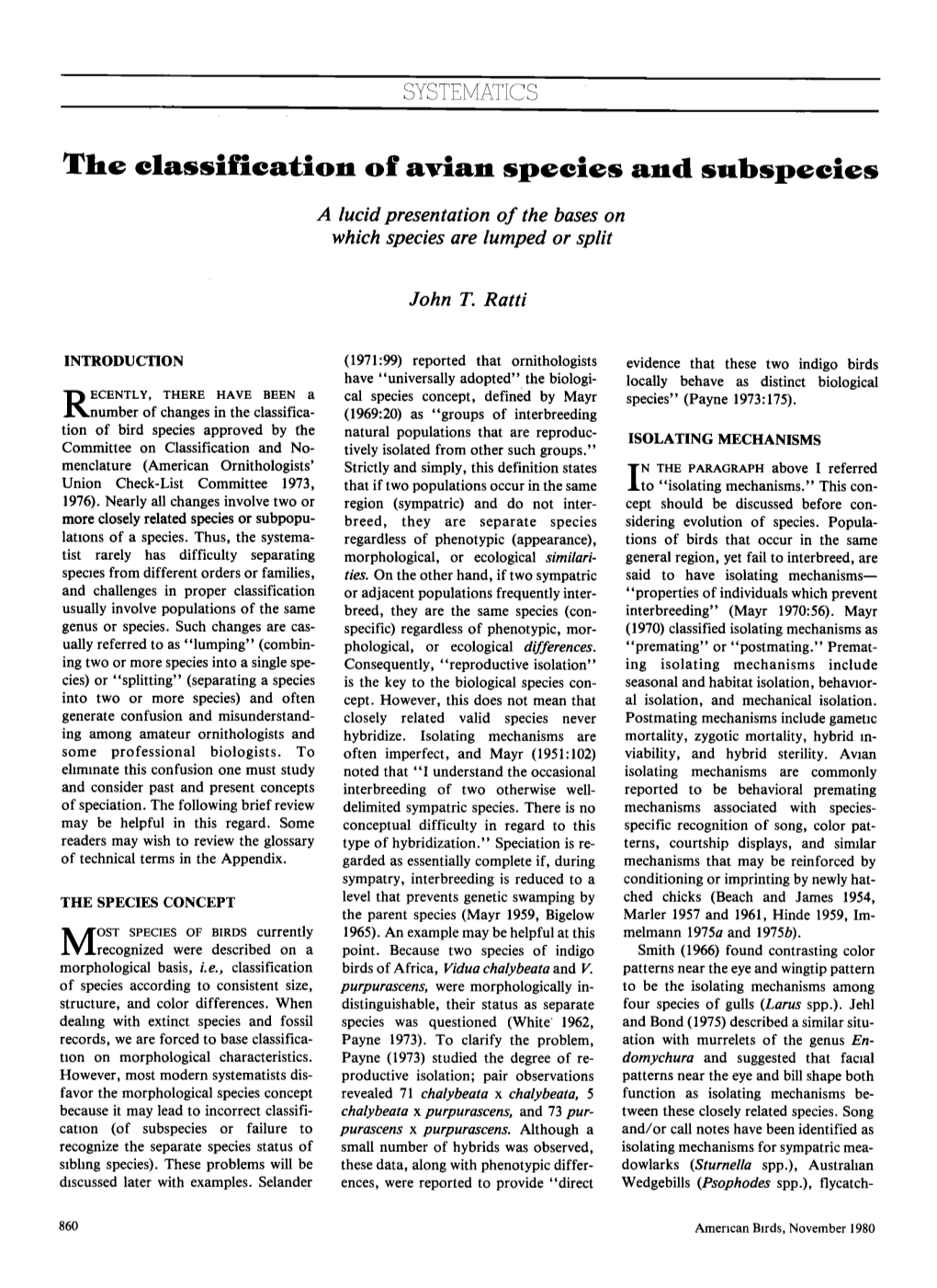 The Classification of Avian Species and Subspecies