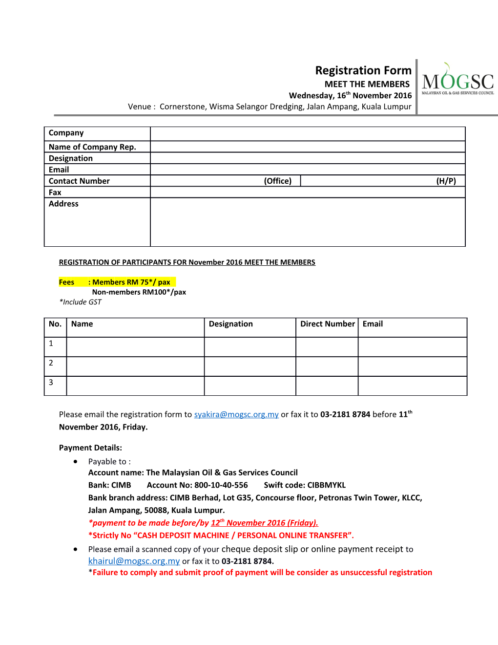 REGISTRATION of PARTICIPANTS for November 2016 MEET the MEMBERS