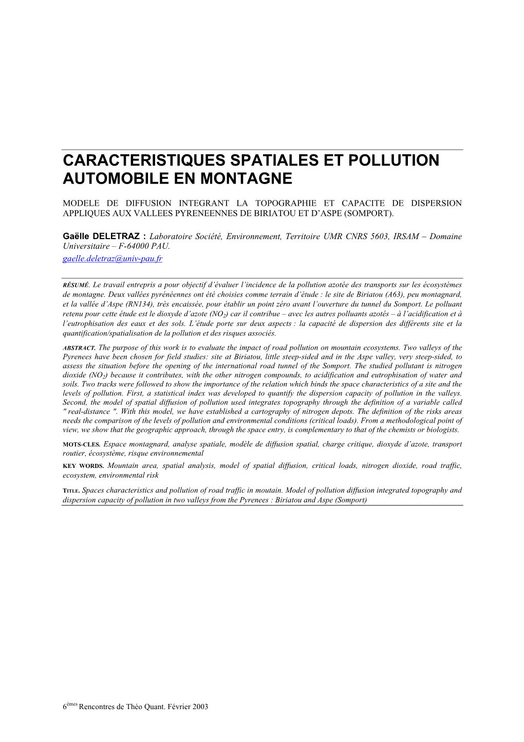 Caracteristiques Spatiales Et Pollution Automobile En Montagne