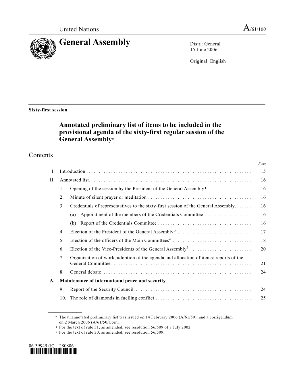General Assembly Distr.: General 15 June 2006