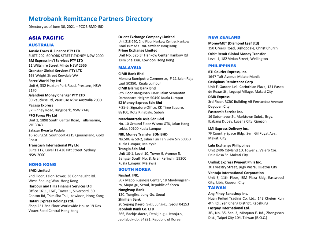 Metrobank Remittance Partners Directory Directory As of June 30, 2021 – PCOB-RMD-IBD