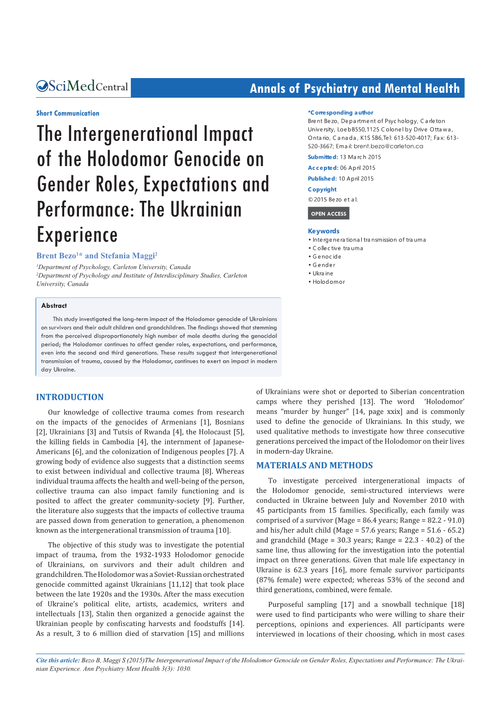 The Intergenerational Impact of the Holodomor Genocide on Gender Roles, Expectations and Performance: the Ukrai- Nian Experience