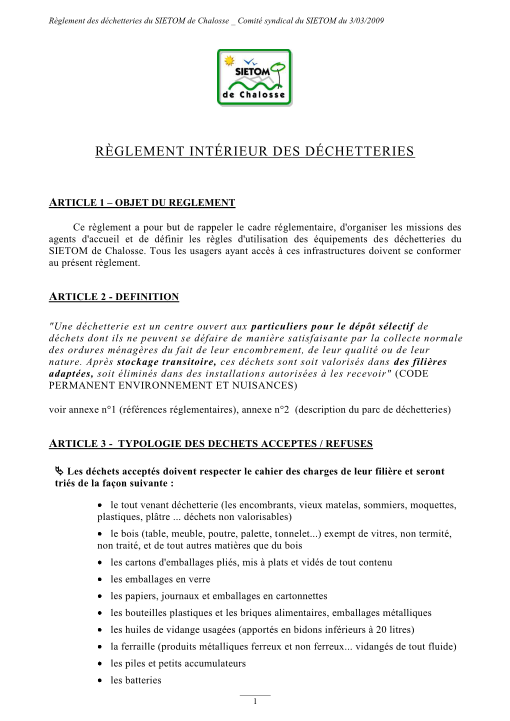 Règlement Intérieur Des Déchetteries