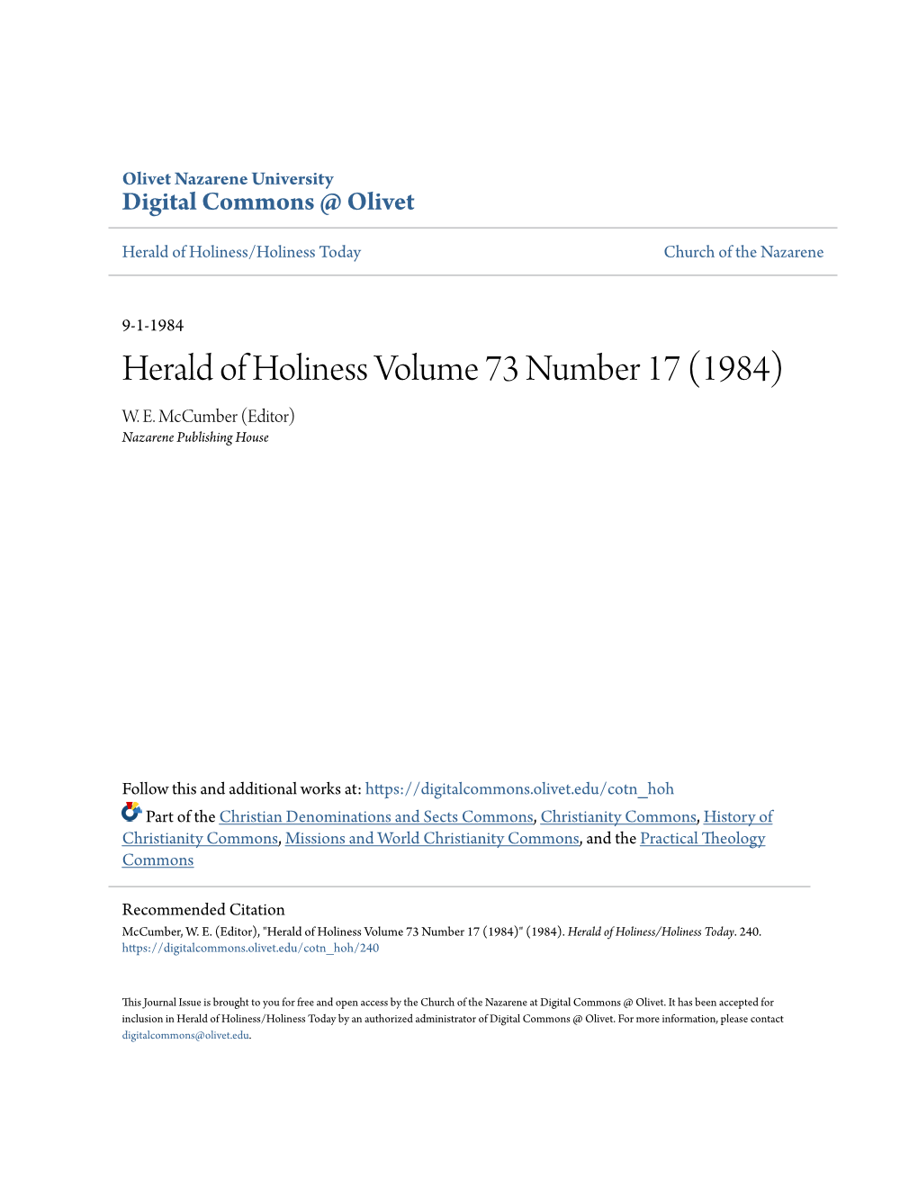 Herald of Holiness Volume 73 Number 17 (1984) W