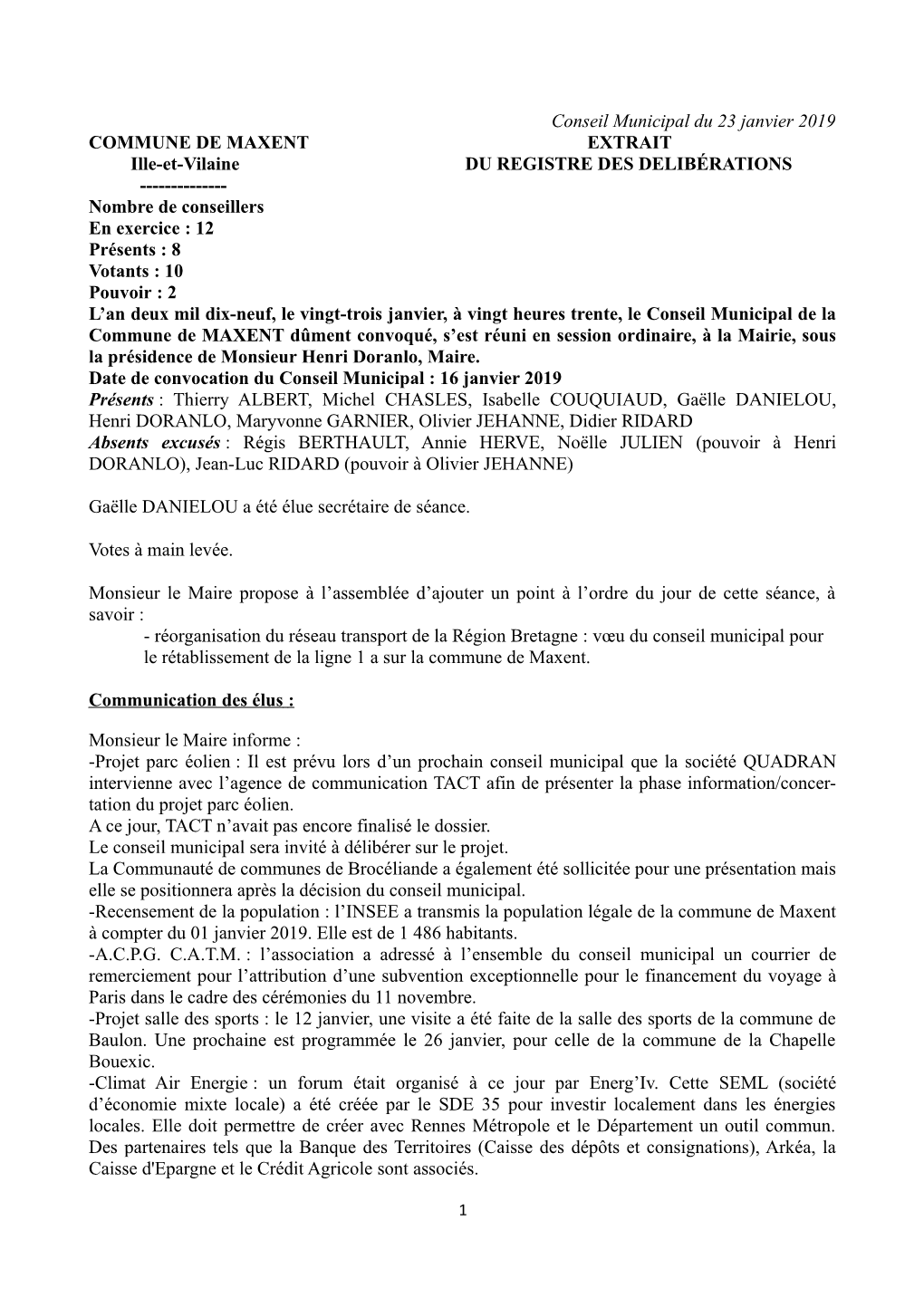 Conseil Municipal Du 23 Janvier 2019 COMMUNE DE