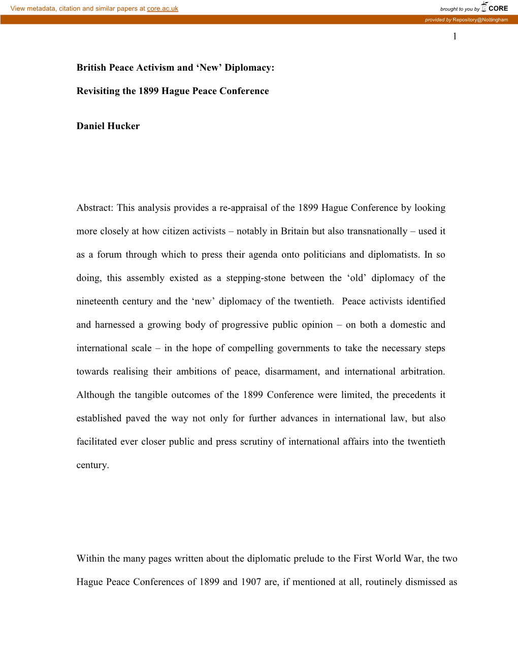 Revisiting the 1899 Hague Peace Conference Daniel Hucker Abstract