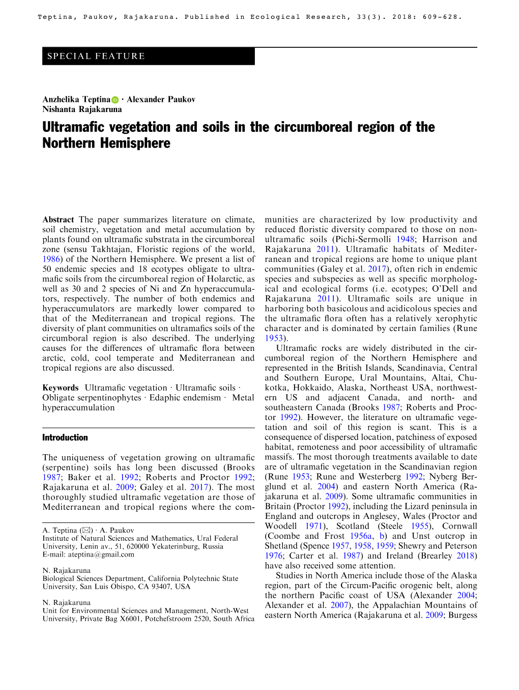 Ultramafic Vegetation and Soils in the Circumboreal Region of The