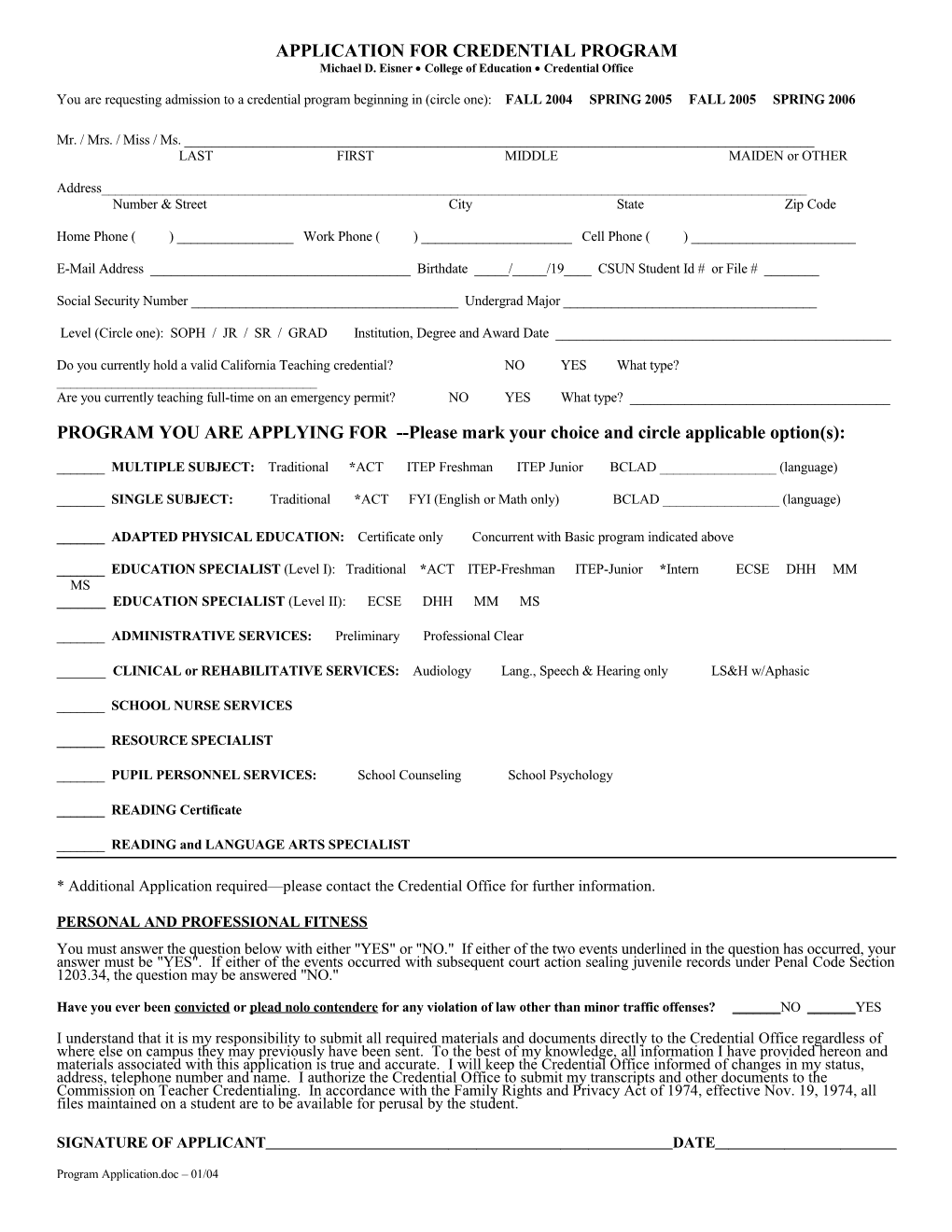 Application for Credential Program