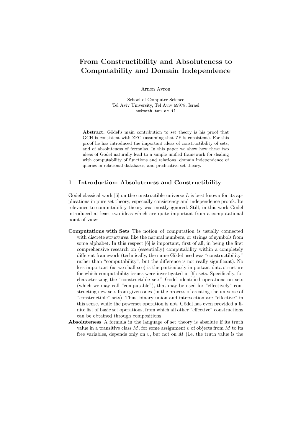 From Constructibility and Absoluteness to Computability and Domain Independence