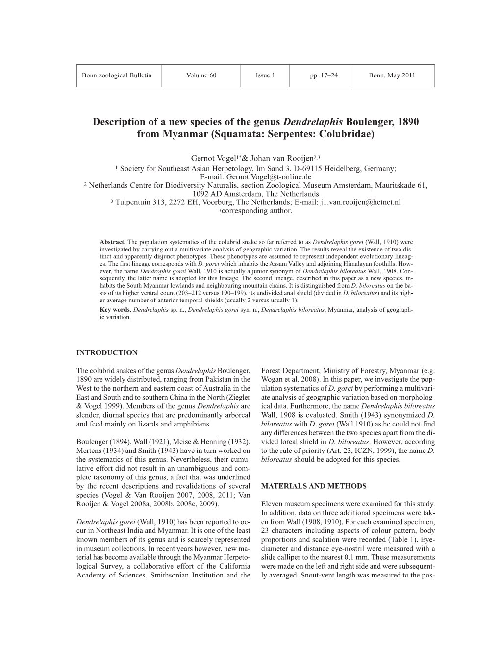 Description of a New Species of the Genus Dendrelaphis Boulenger, 1890 from Myanmar (Squamata: Serpentes: Colubridae)