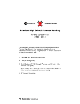 Fairview High School Summer Reading for the School Year: 2013