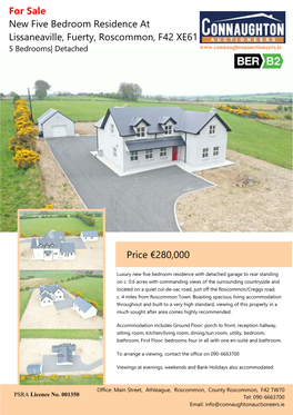 For Sale New Five Bedroom Residence at Lissaneaville, Fuerty, Roscommon, F42 XE61 Price €280,000