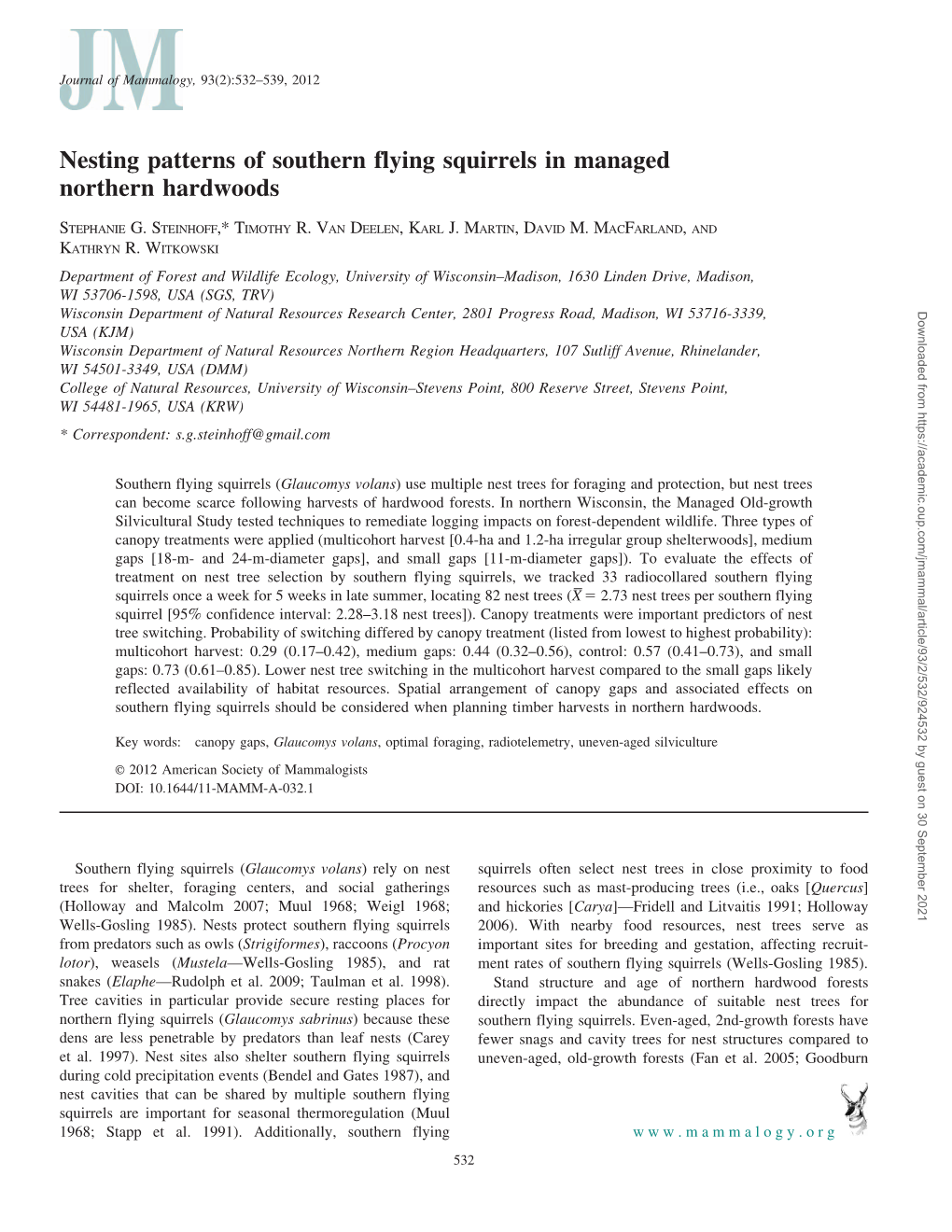 Nesting Patterns of Southern Flying Squirrels in Managed Northern Hardwoods