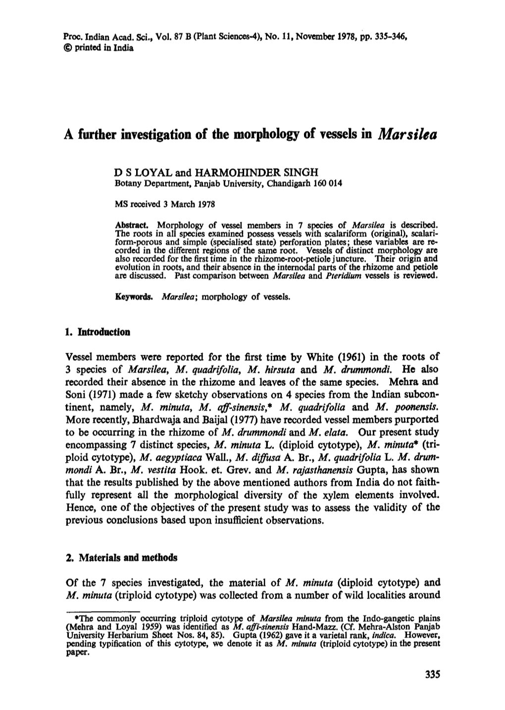 A Further Investigation of the Morphology of Vessels in Marsilea