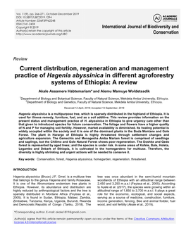 Current Distribution, Regeneration and Management Practice of Hagenia Abyssinica in Different Agroforestry Systems of Ethiopia: a Review