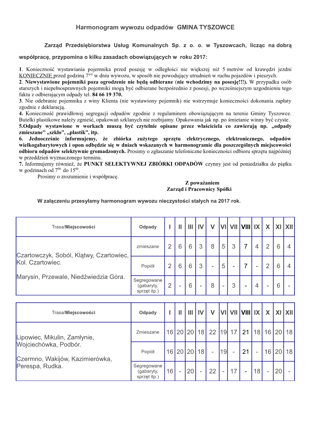 Harmonogram Wywozu Odpadów GMINA TYSZOWCE I II III IV V VI VII