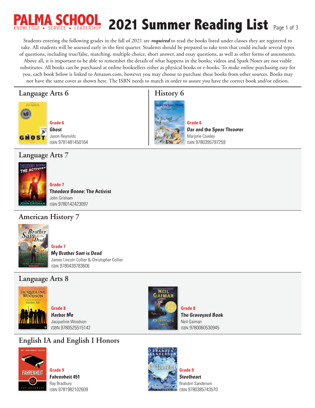 2021 Summer Reading List Page 1 of 3