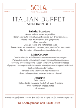 Italian Buffet Monday Night