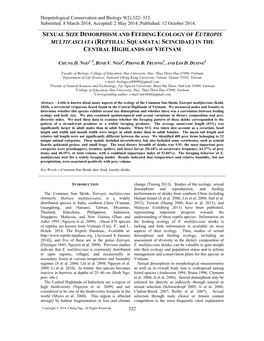 Sexual Size Dimorphism and Feeding Ecology of Eutropis Multifasciata (Reptilia: Squamata: Scincidae) in the Central Highlands of Vietnam