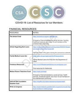 COVID-19: List of Resources for Our Members