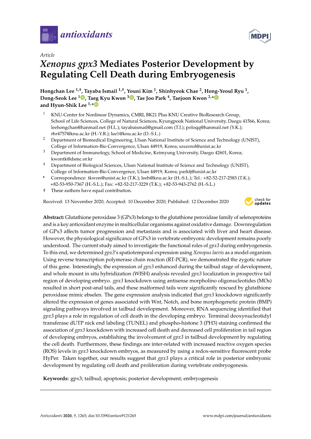 Xenopus Gpx3 Mediates Posterior Development by Regulating Cell Death During Embryogenesis