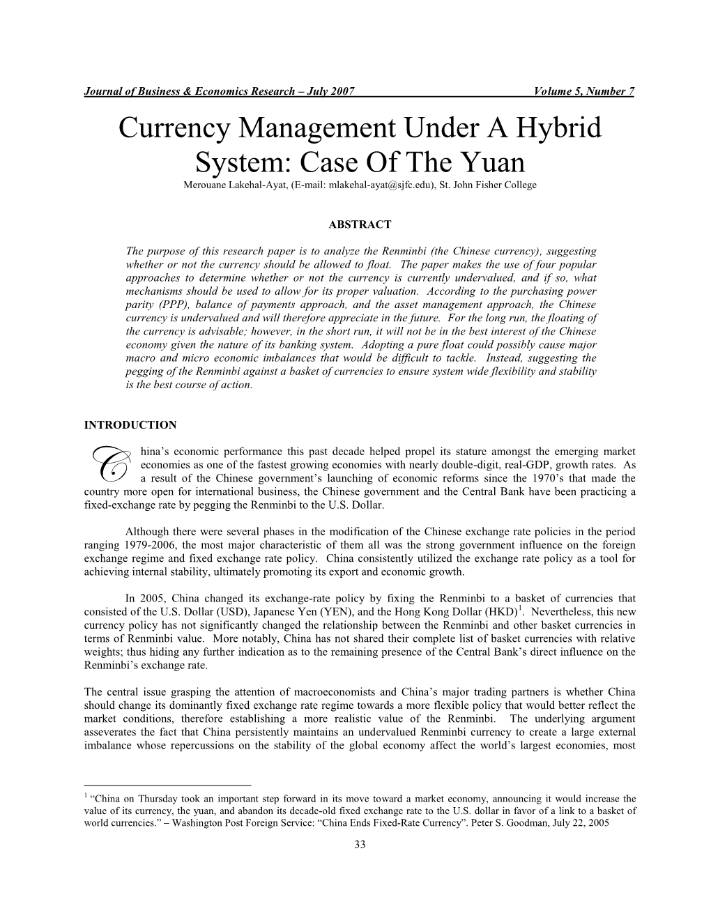 Currency Management Under a Hybrid System: Case of the Yuan Merouane Lakehal-Ayat, (E-Mail: Mlakehal-Ayat@Sjfc.Edu), St