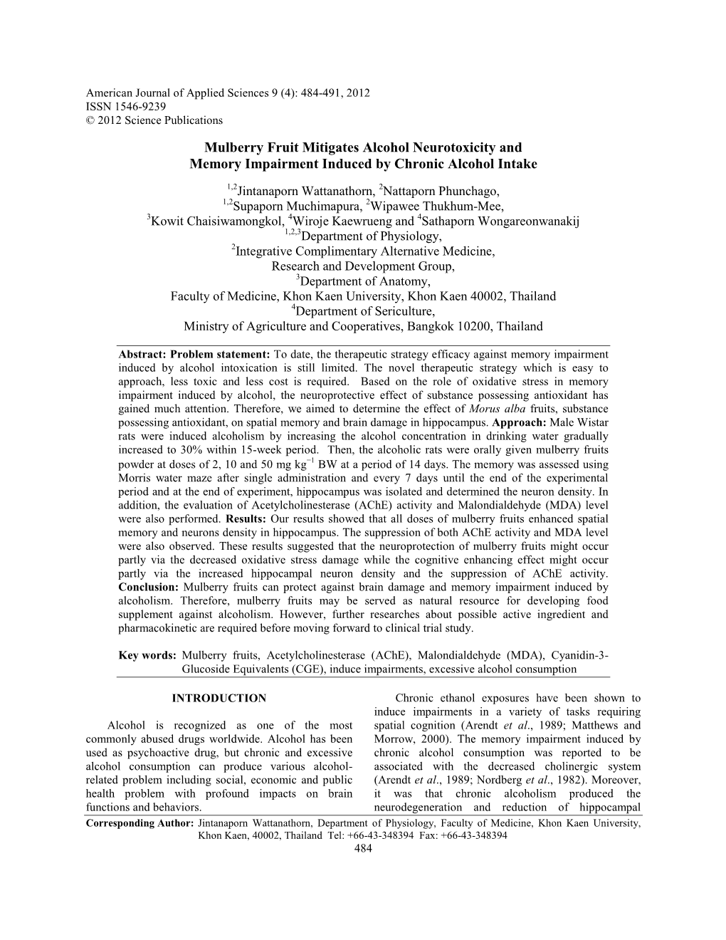 Mulberry Fruit Mitigates Alcohol Neurotoxicity and Memory Impairment Induced by Chronic Alcohol Intake