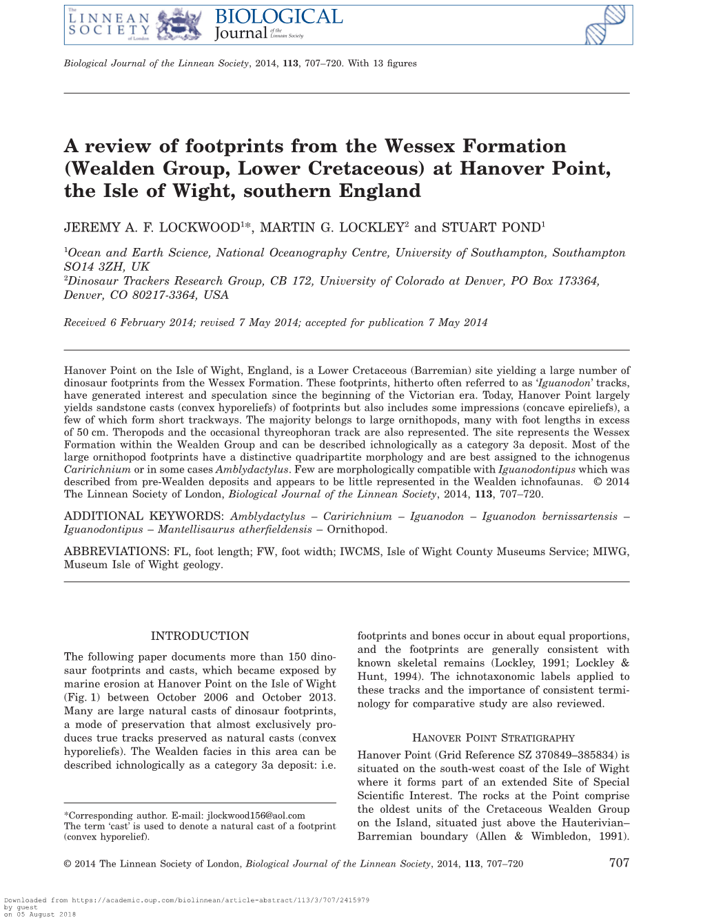 A Review of Footprints from the Wessex Formation (Wealden Group, Lower Cretaceous) at Hanover Point, the Isle of Wight, Southern England