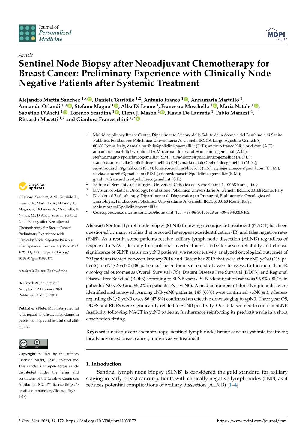 Sentinel Node Biopsy After Neoadjuvant Chemotherapy for Breast Cancer: Preliminary Experience with Clinically Node Negative Patients After Systemic Treatment