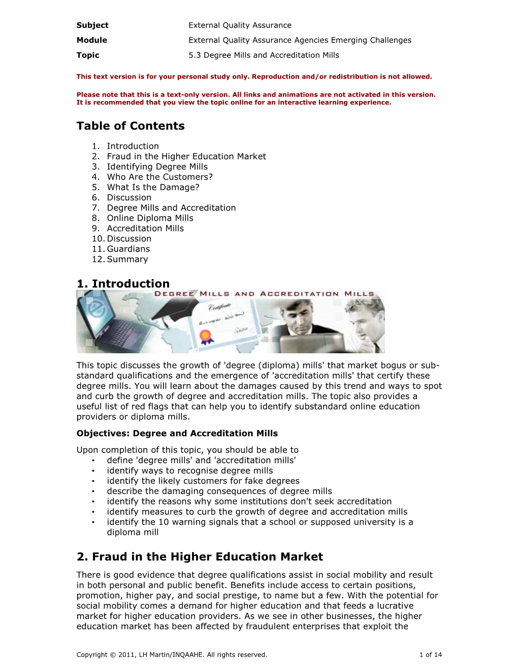 Table of Contents 1. Introduction 2. Fraud in the Higher Education Market