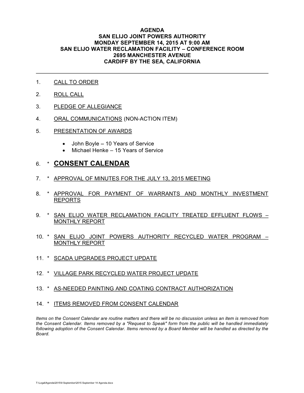 2015 September 14 Agenda.Docx SEJPA Agenda September 14, 2015 Page 2 REGULAR AGENDA