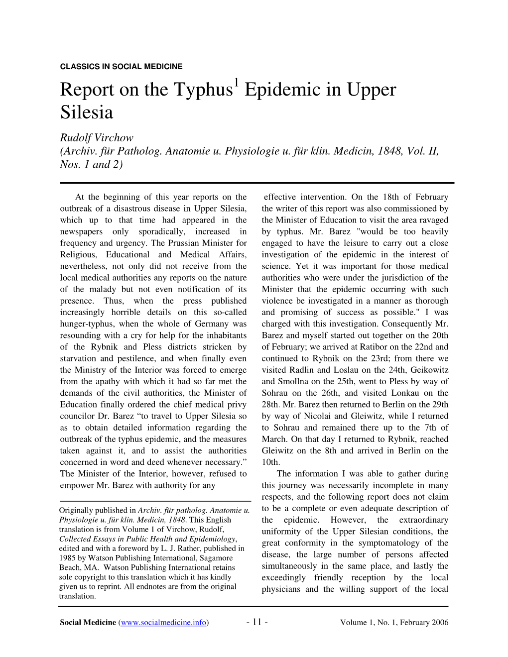 Report on the Typhus Epidemic in Upper Silesia