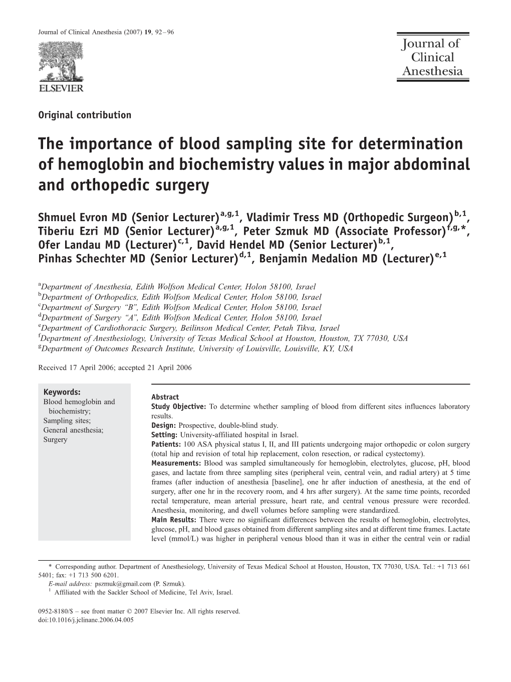 The Importance of Blood Sampling Site for Determination of Hemoglobin and Biochemistry Values in Major Abdominal and Orthopedic Surgery