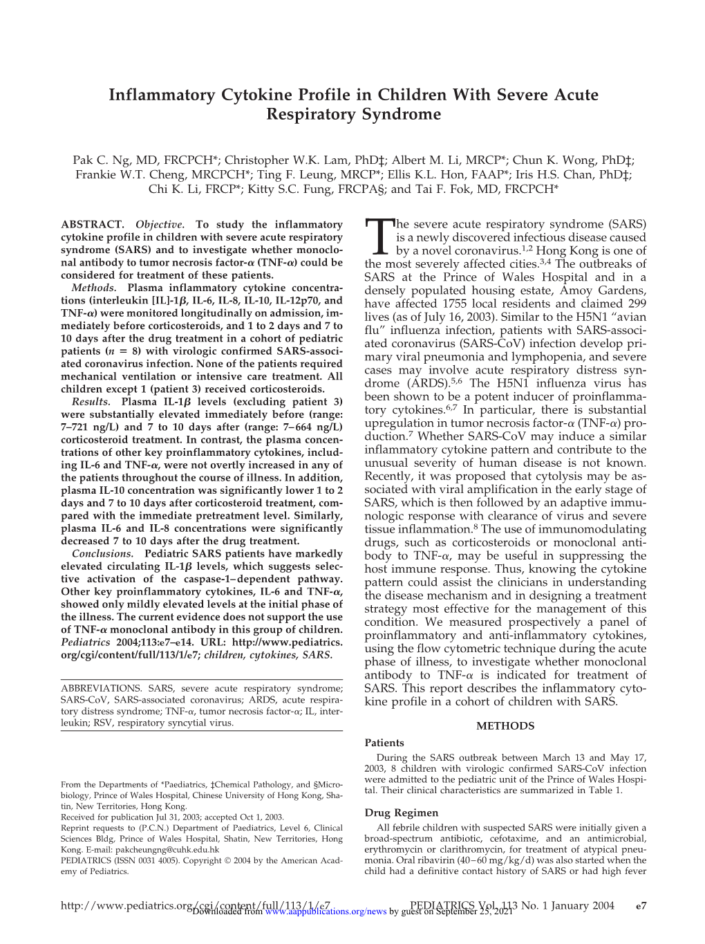 Inflammatory Cytokine Profile in Children with Severe Acute Respiratory Syndrome