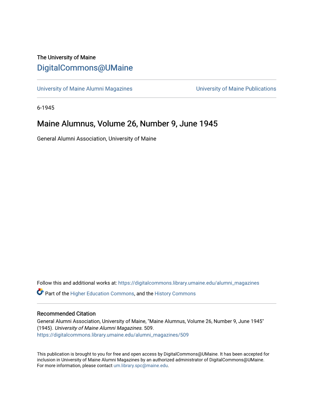 Maine Alumnus, Volume 26, Number 9, June 1945