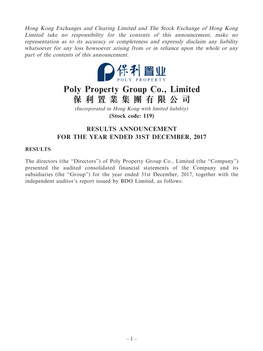 Poly Property Group Co., Limited 保利置業集團有限公司 (Incorporated in Hong Kong with Limited Liability) (Stock Code: 119)