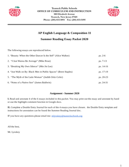 AP English Language & Composition 11 Summer Reading Essay Packet