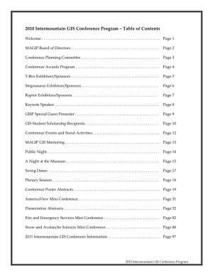 2010 Intermountain GIS Conference Program – Table of Contents