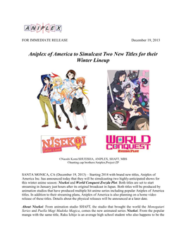 Aniplex of America to Simulcast Two New Titles for Their Winter Lineup