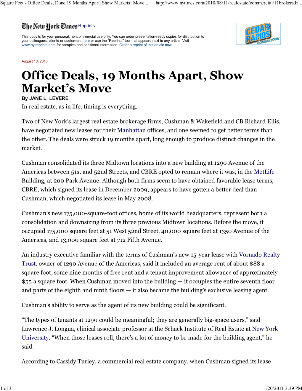 Square Feet - Office Deals, Done 19 Months Apart, Show Markets’ Move