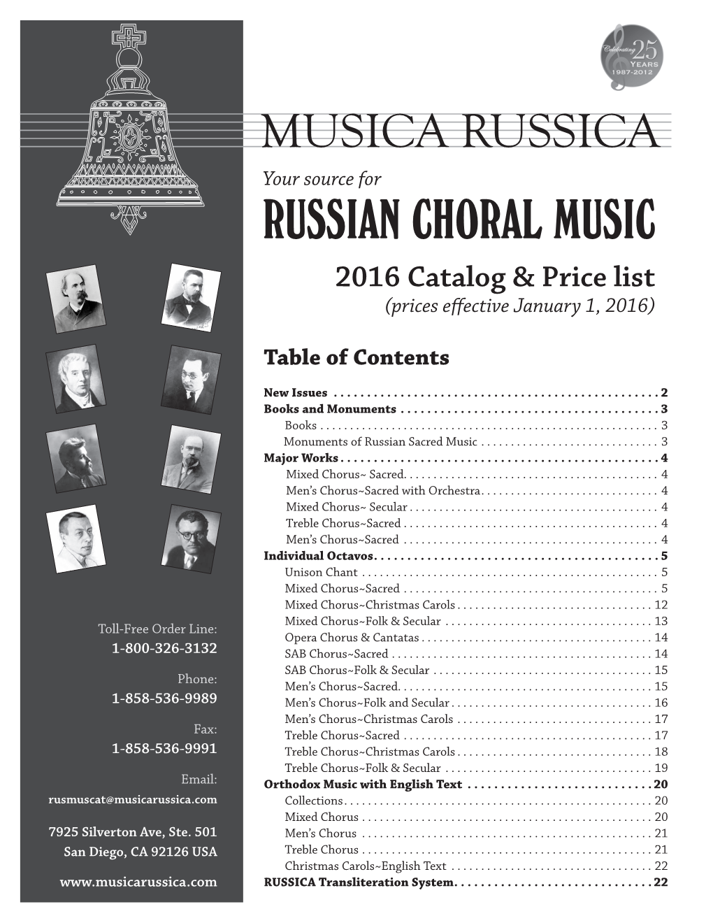 RUSSIAN CHORAL MUSIC 2016 Catalog & Price List (Prices Effective January 1, 2016)