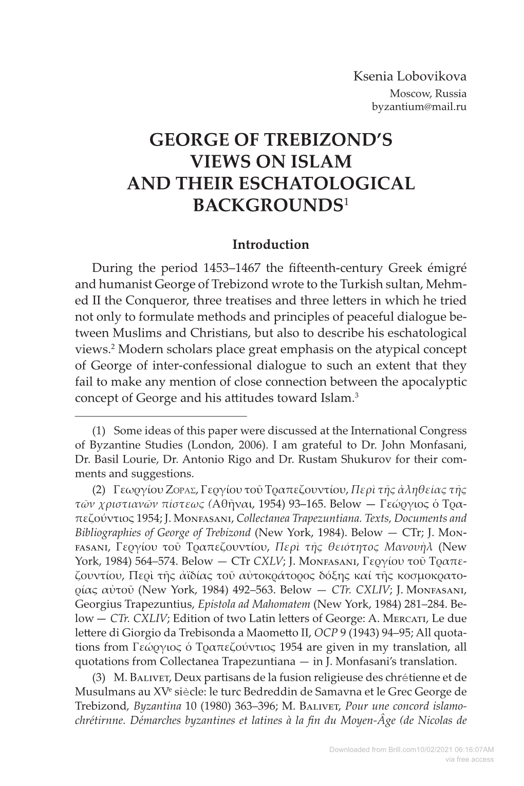 George of Trebizond's Views on Islam and Their Eschatological Backgrounds1