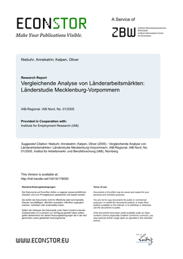Vergleichende Analyse Von Länderarbeitsmärkten: Länderstudie Mecklenburg-Vorpommern